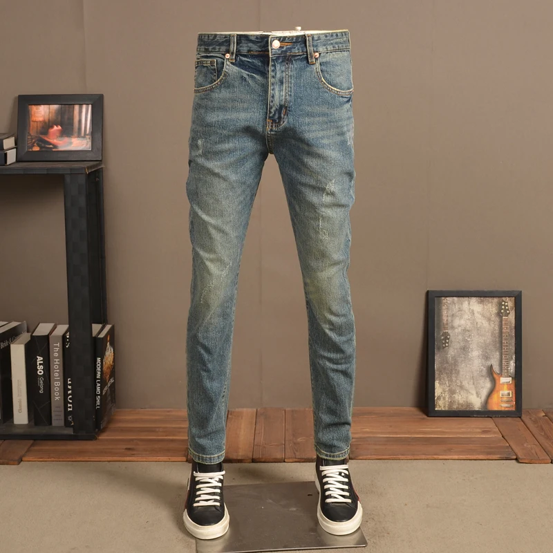 Summer Men Vintage Blue Jeans Streetwear Casual Retro Regular Fit Denim Pants