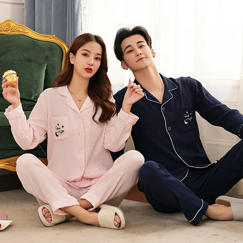 

Couple Snight Pijamas Solid Color Double Layer Pure Cotton Gauze Long Sleeve Men Pajamas Sets Household Clothes sleepwear set