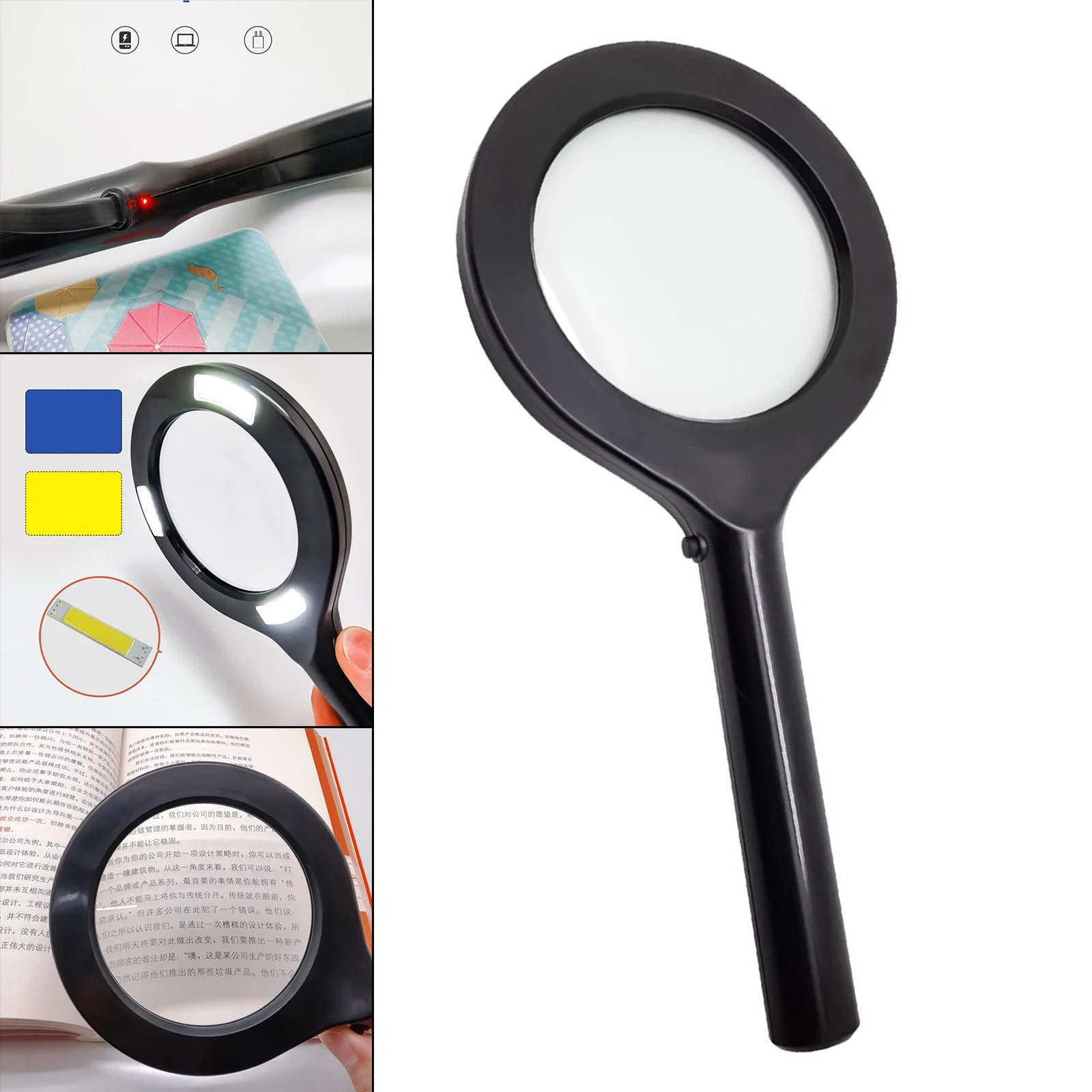 

3X Handheld Reading Magnifying Glasses ABS Black USB Rechargeable with LED Light Lighted Magnifier for Seniors Exploring