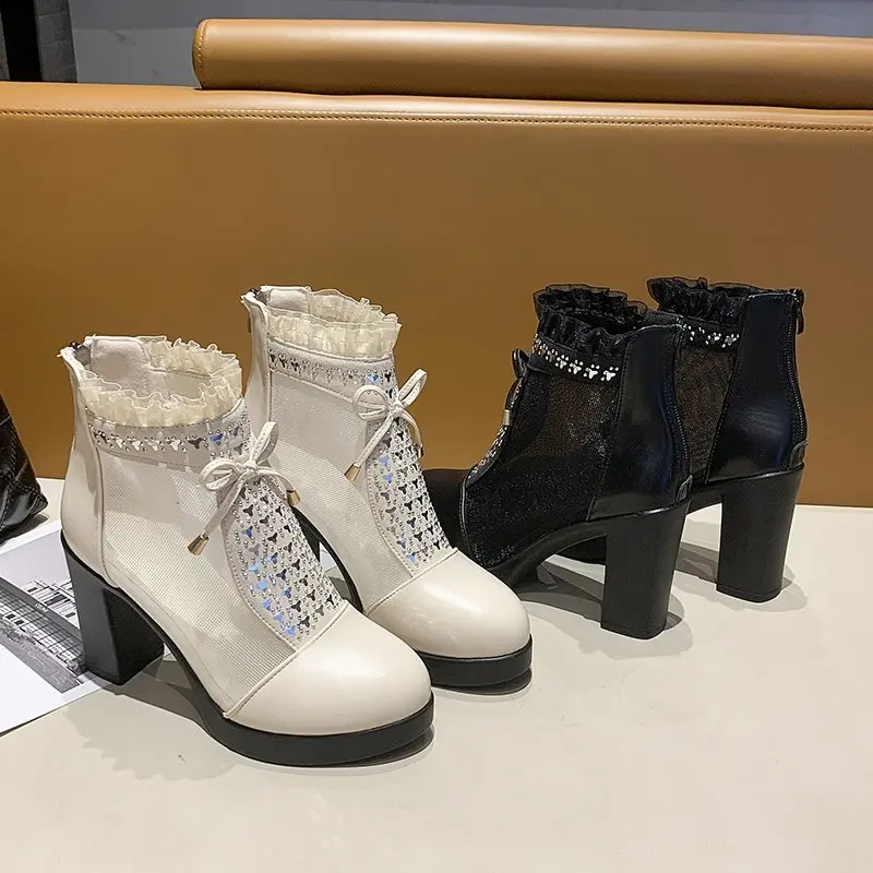

Spring and Summer Ladies Short Boots Mesh Breathable Comfortable Single Shoes Temperament Women High Heels Dress Women's Shoes