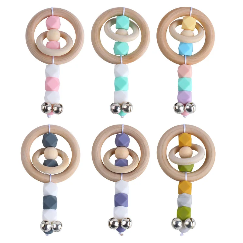 

1Pcs Small Bell Silicone Beads Wood Teether Ring Cute Baby Newborn Rattle Nursing Toy for Chew