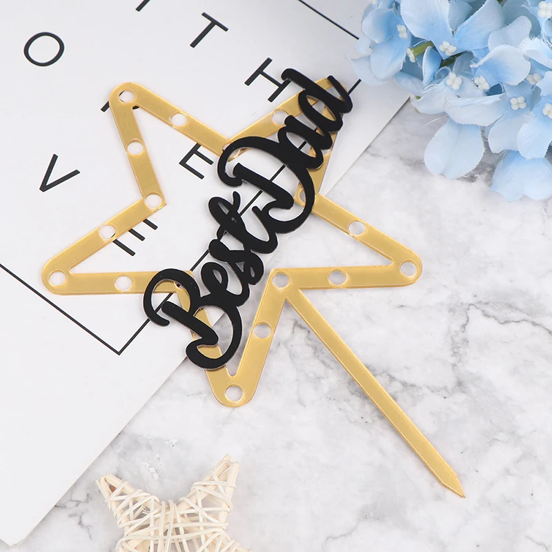 

"Best Dad" Black Acrylic Cake Topper For Dad Father Birthday Cake Topper Gold Stars Happy Father's Day Party Cake Decorations