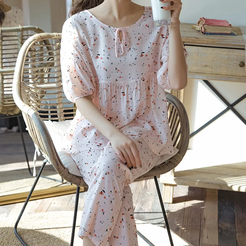 

Лето 2021, 100%, вискозный пижамный комплект для женщин, одежда для сна, домашняя одежда, повседневные пижамные комплекты с полурукавами и цвето...