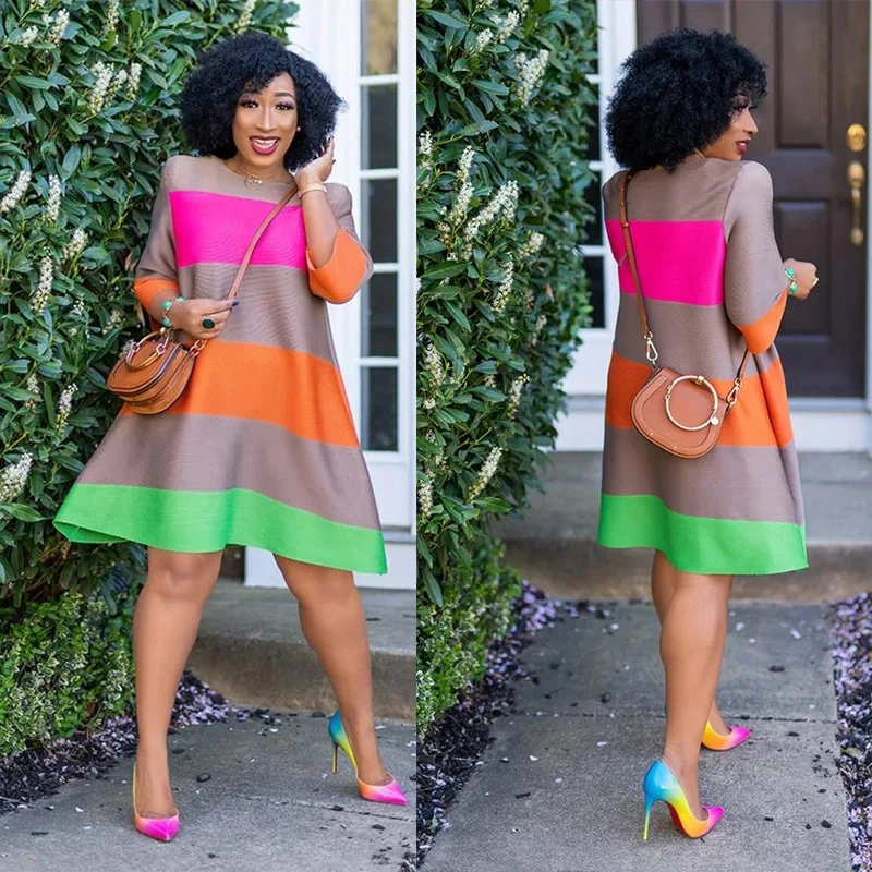 

2020 African Dresses For Women African Clothes Africa Dress Rainbow Stripe Print Dashiki Clothing Plus Size Africa Woman Dress