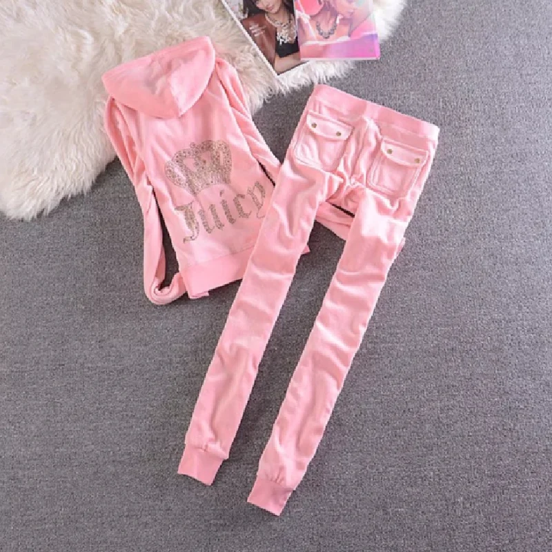 

2023 Women's Elegant Velvet Tracksuit Two Piece Set Women Sexy Hooded Long Sleeve Top And Pants Juicy Track Suit