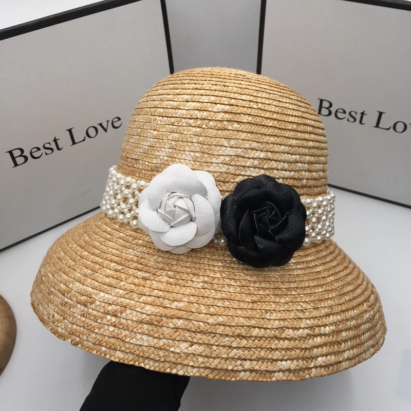 

Spring and summer new seaside straw bucket hat for women French fisherman hat sunscreen cap shading flowers