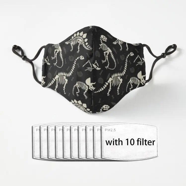 

Dinosaur Fossils in Black Fashion Mascarillas Cosplay Face Mask Dustproof Adult Kids Masks Filter Washable