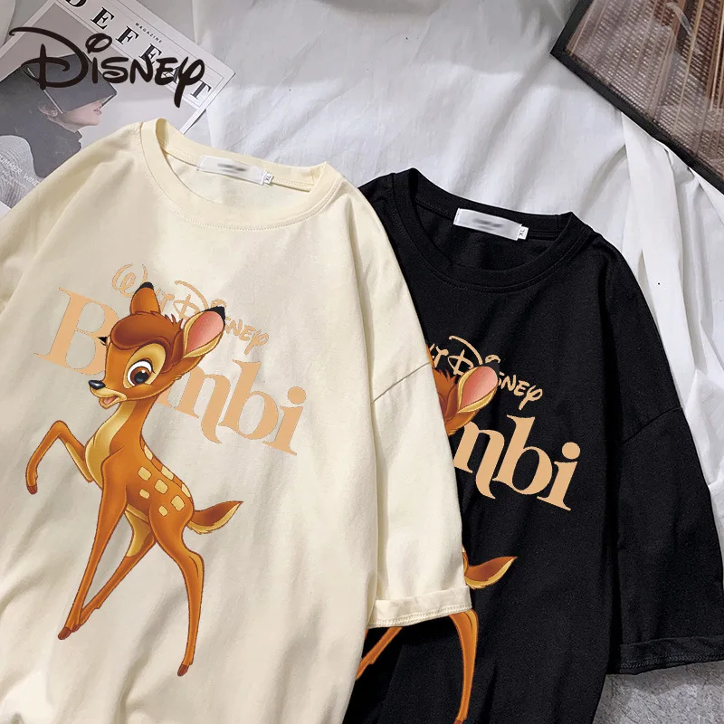

Disney summer cute couple round neck cotton base top cartoon deer print loose short sleeve T-shirt Shopping Tees