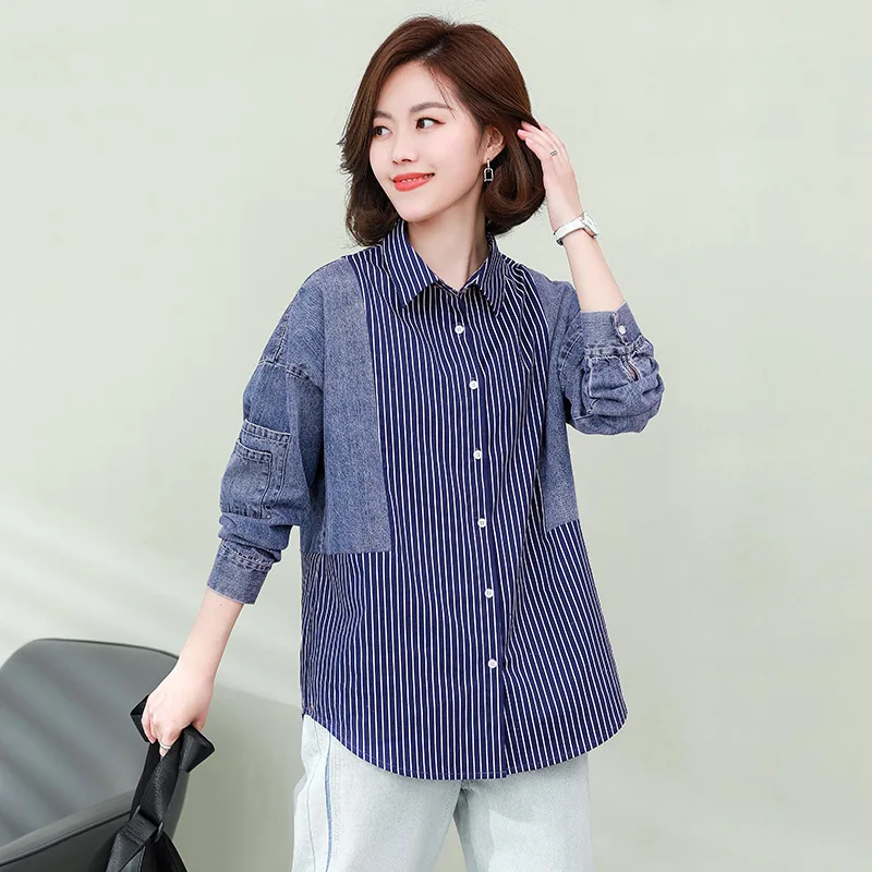 

2021 Spring Female Loose Vintage Turn Down Collar Single Breasted Panelled Long Sleeve Straight Shirt