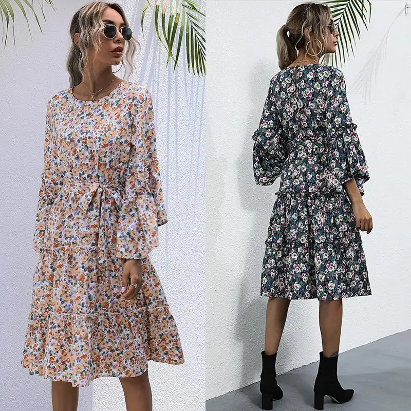 

Slim Chffion Pleated Floral Print Dress Women's Flare Sleeve Vintage Casual Style O-Neck Fashion Streewear Summer 2020