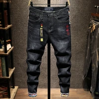 newly streetwear fashion men jeans retro black elastic slim fit ripped jeans men embroidery patches designer hip hop denim pants