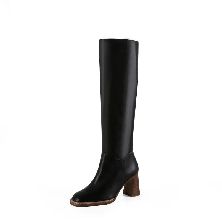 

Autumn and winter new solid color round head wood thick high heel side zipper feeling women's Knight boots