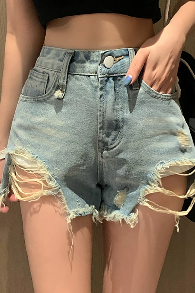 

Holed Jeans Shorts Women's Hong Kong Style Retro Hot Pants Wide Leg Pants 2021 Summer New Hot Girl High Waist A-line Pants