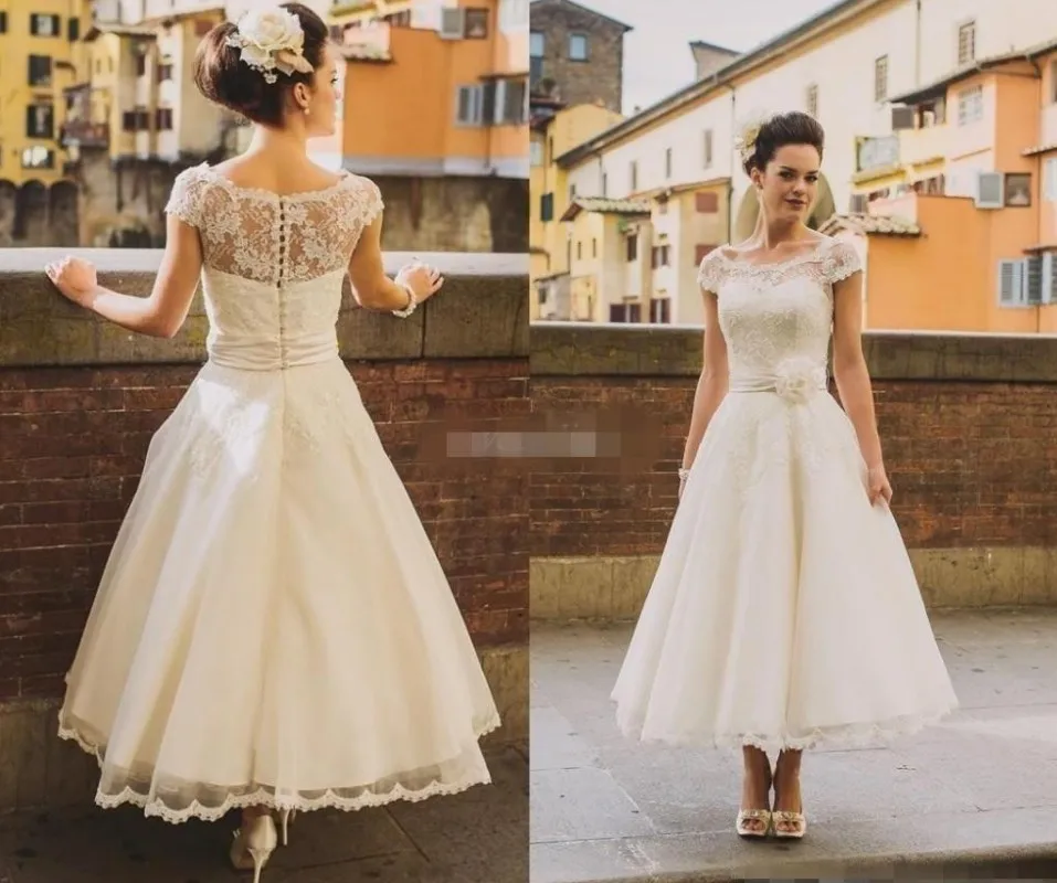 

Retro Vintage Wedding Dresses Illusion Neck Cap Sleeves Lace Beads Buttons Short Ankle Length Sash Organza Cheap Bridal Gown