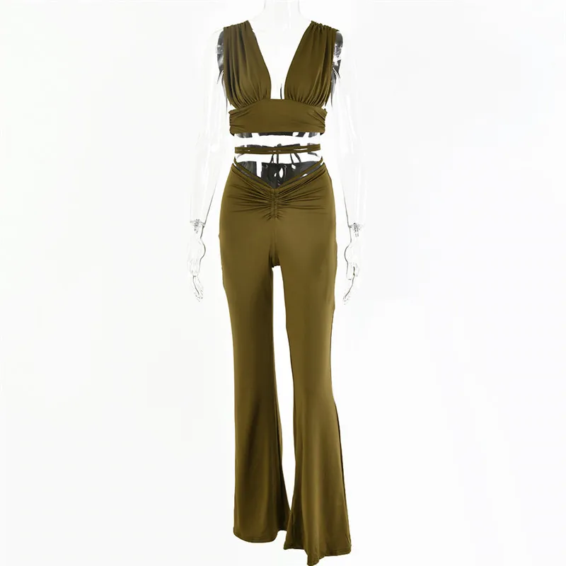 

Casual Suit Jumpsuit Lady Sexy V-Neck Lace-Up Tops High Waist Micro-Pull Pants Party Fashion Trousers Sportswear Women 2021