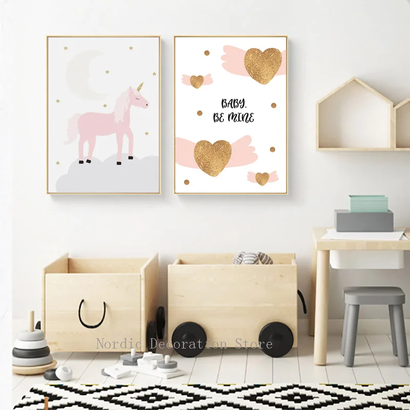 Скандинавский плакат Goud Kinderkamer сердце детская комната Розовый Единорог