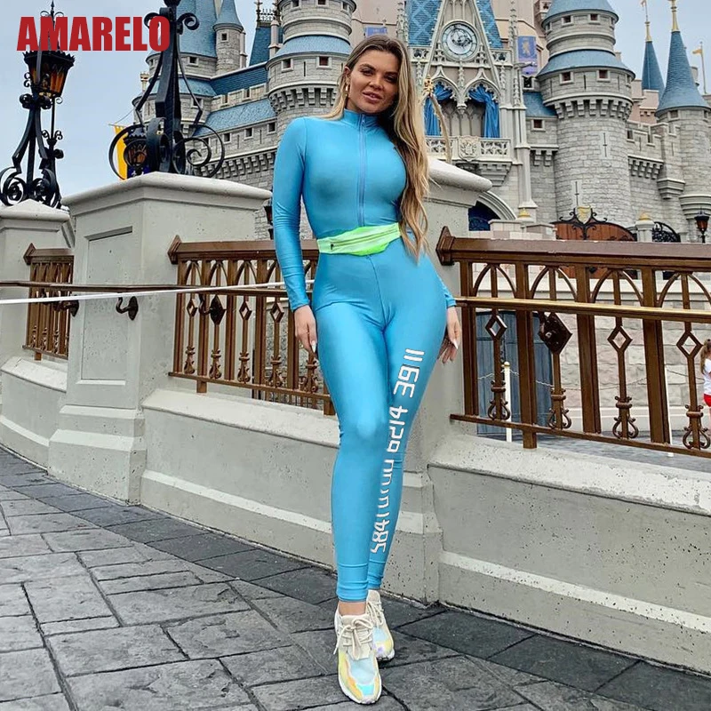 AMARELO полный рукав тренировки одежда для женщин Твердые Письмо печати комбинезон