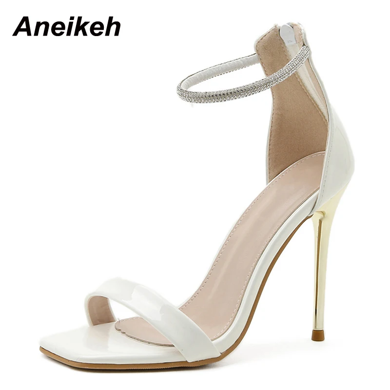 

Aneikeh 2022 New PU Sandals Simple And Generous Women Sexy Summer Bling Stiletto Heels Pumps Shoes Concise Party Ankle-Wrap ZIP