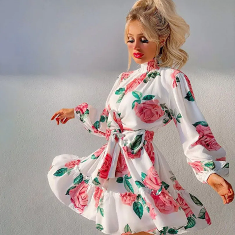 

Spring Fashion Long Sleeve Dress Women Rose Fower Print A Line Bandage Mini Dress Female Stand Collar Beach Holiday Club Dresses