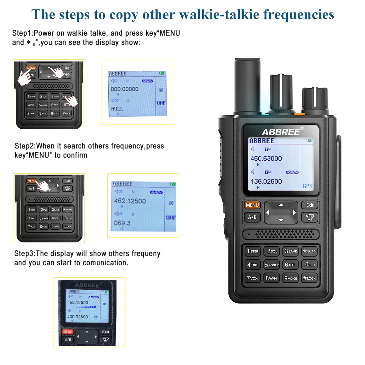 ABBREE AR-F8 GPS Powerful All Bands(123-520MHz) Wireless Copy Frequency Walkie Talkie 1.77 LCD with programming cable | Мобильные