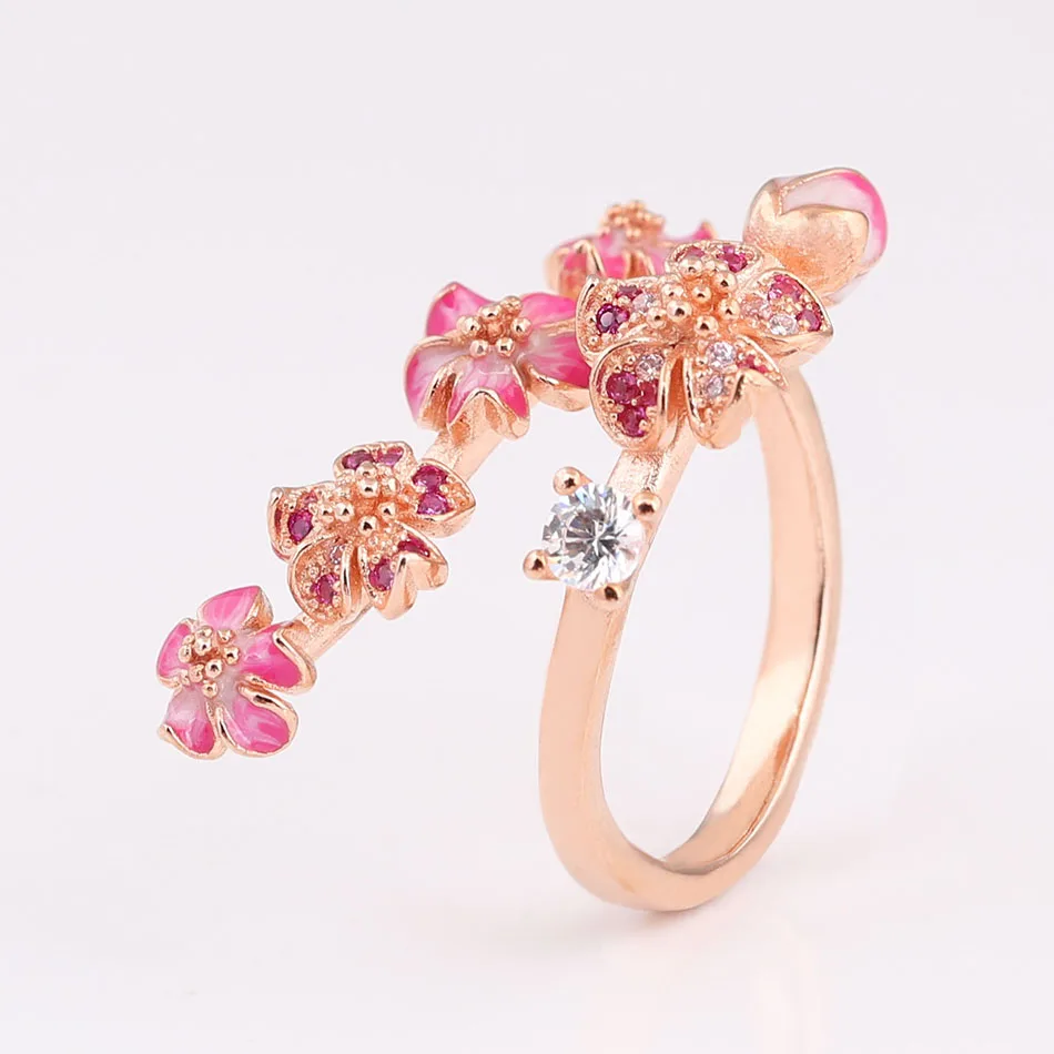 

Authentic S925 Rose Enamel Peach Blossom With Crystal Ring For Women Wedding Party Gift fit Lady Fine Jewelry