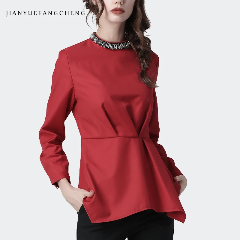 Блузка женская с воротником стойкой и длинным рукавом Роскошный топ бусинами