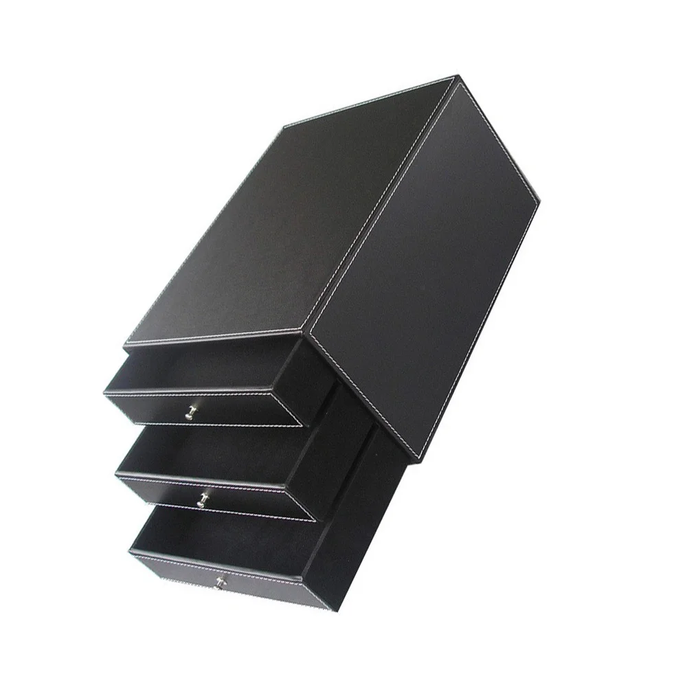 

Leather Desk Organizer Drawer Type Desktop Cabinet Three Layers File Box (Black)