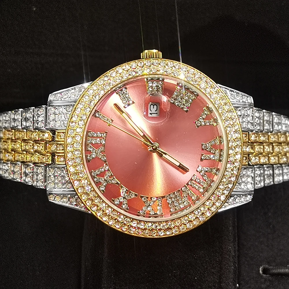 

MISSFOX Iced Out Men Watch Unique Gold And Silver Round Watches Man Roman Pink Mother-of-pearl Dial Hiphop Fashion Wristwatch