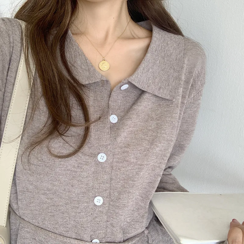 

2020 Autumn Winter New Women Dress Knitted V Neck Lace Up Single Breasted Casual Loose Female Knitwear Full Sleeve Soft Vestidos