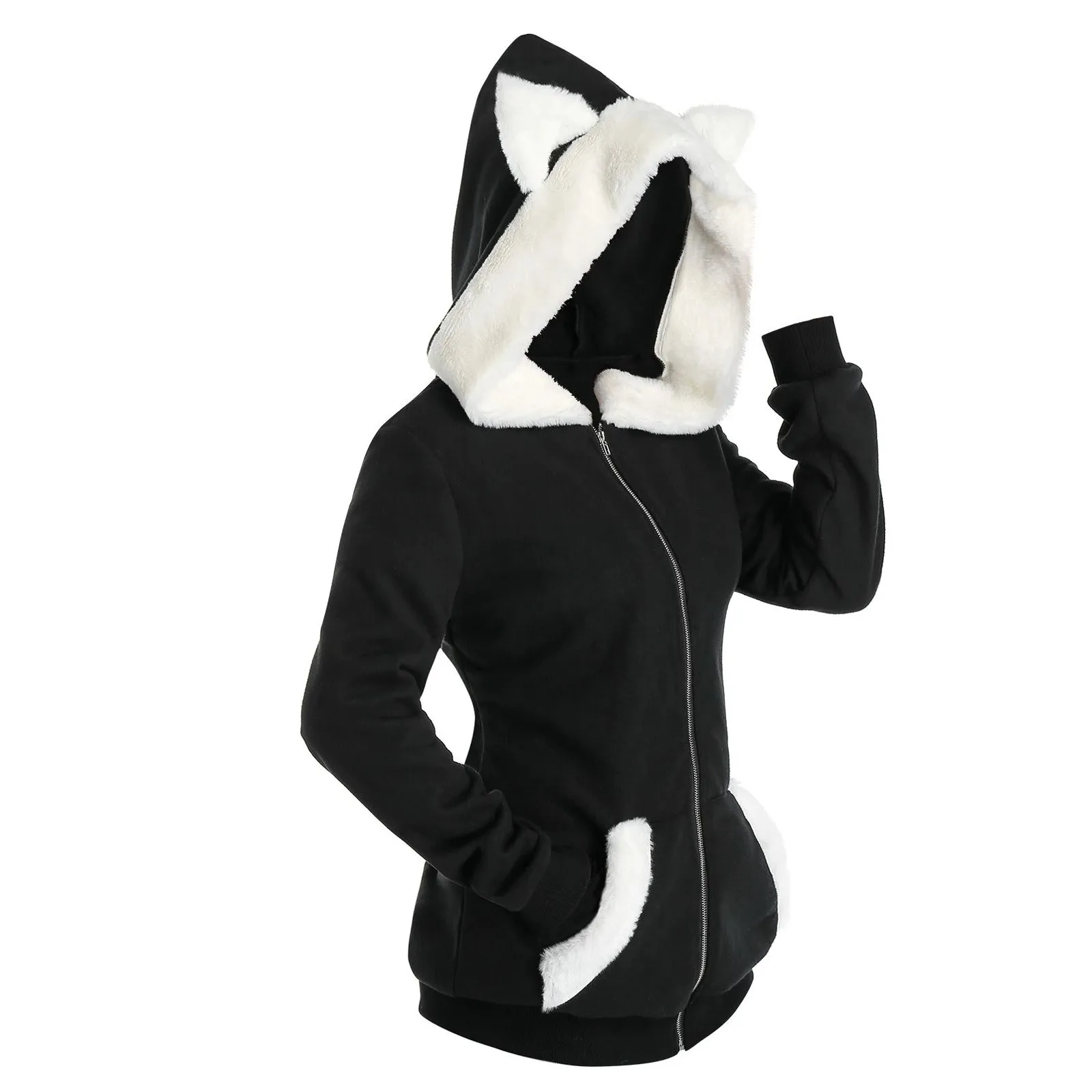 Unisex Long Sleeve Cosplay Cat Ear Faux Furs Insert Zip Up Hoodie Sweatshirt Streetwear Women Oversized Hoodies Moletom Feminino