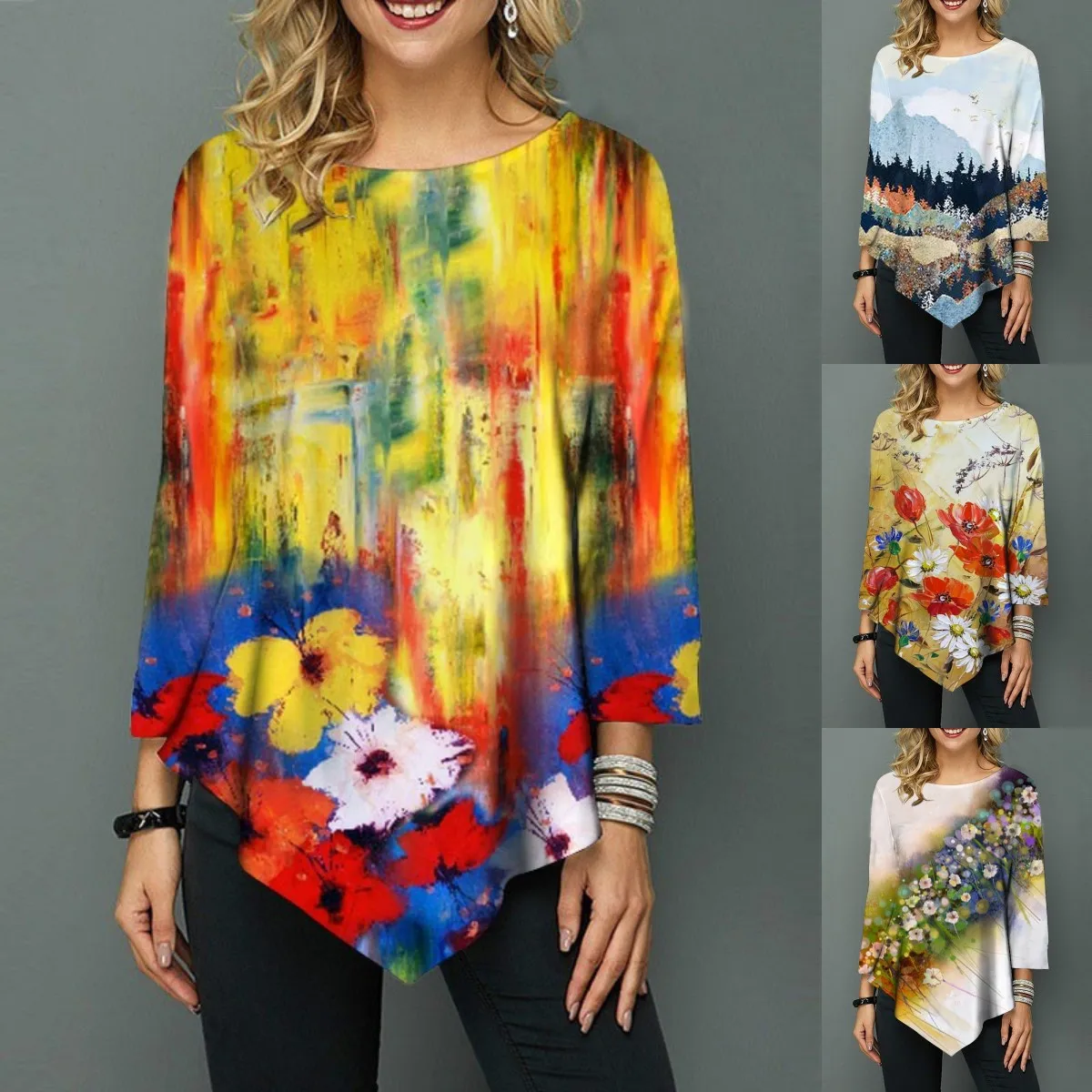 

Spring and Autumn style splash ink printing round neck three-quarter sleeves fashion casual loose large size women's T-shirt