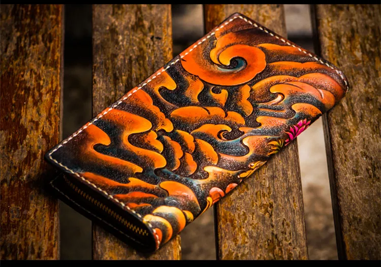 Handmade Wallets Carving the god of wealth Purses Men Long Clutch Vegetable Tanned Leather Wallet Card Holder