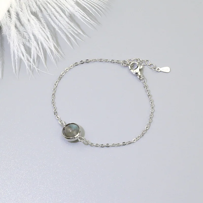 

925 Sterling Silver Moonstone Round Bead Charm Bracelets Link Chain Adjustable Bracelet For Women Party Jewelry sl377