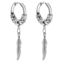 leaf feather charm hoop earrings for men women stainless steel earrings fashion silver color jewelry gifts