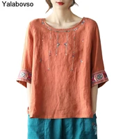 2021 summer new national style t shirts embroidered linen tops womens loose sleeve t shirt o neck solid color soft thin tees