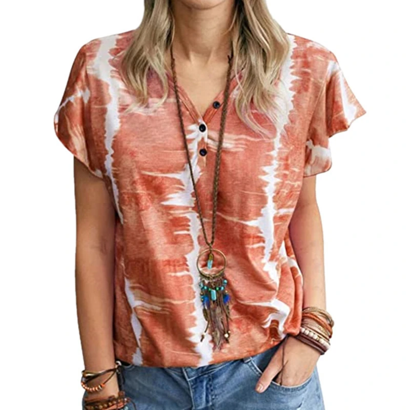 

Women V-Neck Button Casual Shirt 2XL Large Size 2021 Summer Short Sleeve Tie Dye Print Women Blouse Streetwear Loose Tops 2XL