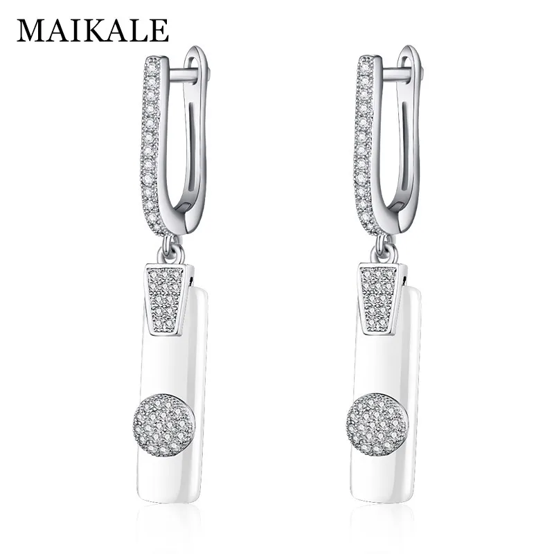 silver white MAIKALE, трендовые циркониевые керамические Висячие серьги для женщин, кубический цирконий, золото, серебро, сплав, Полоска, очаровательные серьги, новая мода, ювелирное изделие - Окраска металла: silver white