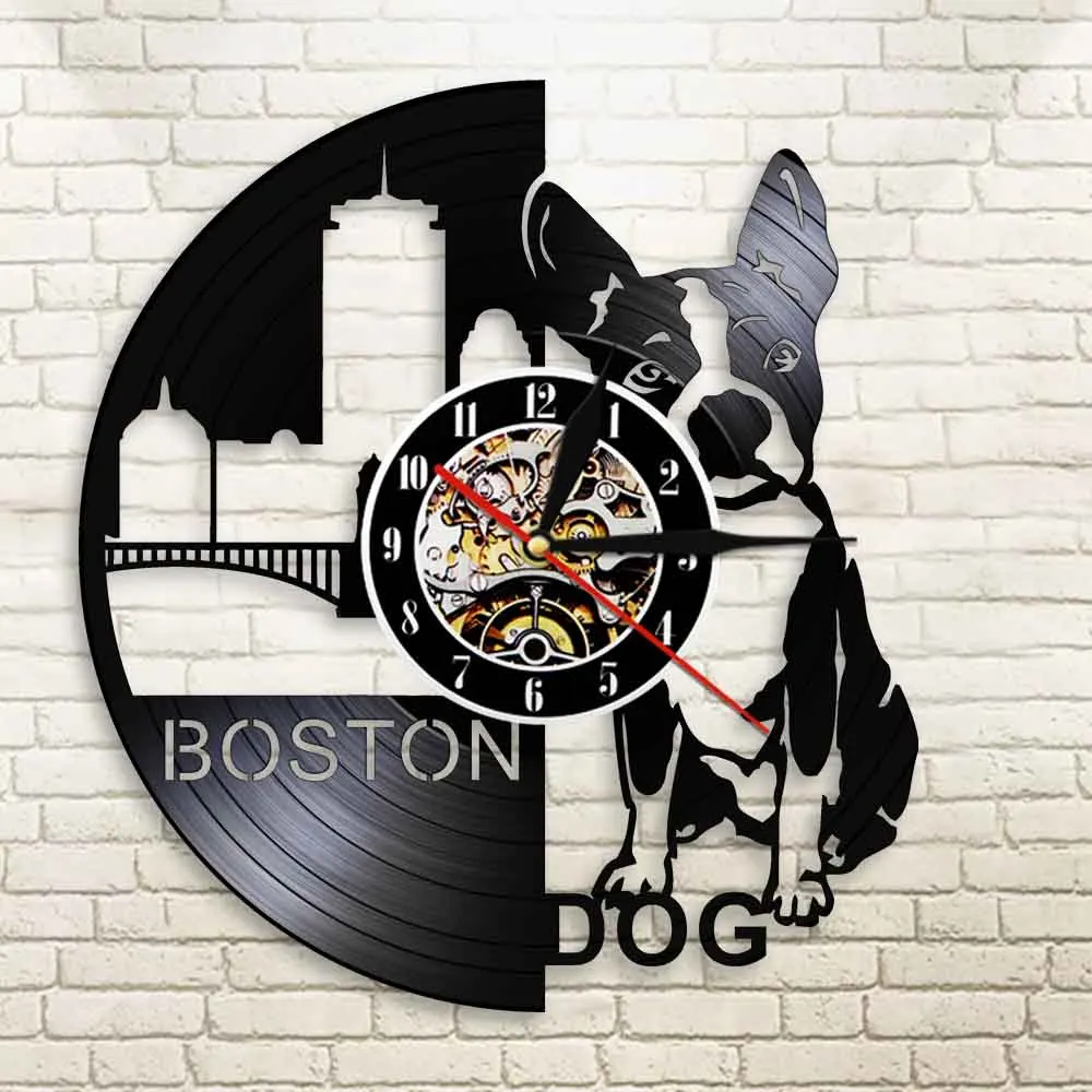 Фото Настенные часы Boston Dog: милый щенок, тень, виниловая пластинка, 3D-часы, современный дизайн, бесшумный декор для детской комнаты №4