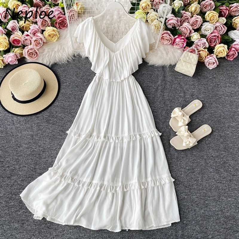 

Neploe Beach Style Elegant V-neck White Women Dresses Chic Ruffles Backless Big Swing Dress 2021 Summer New Long Vestidos
