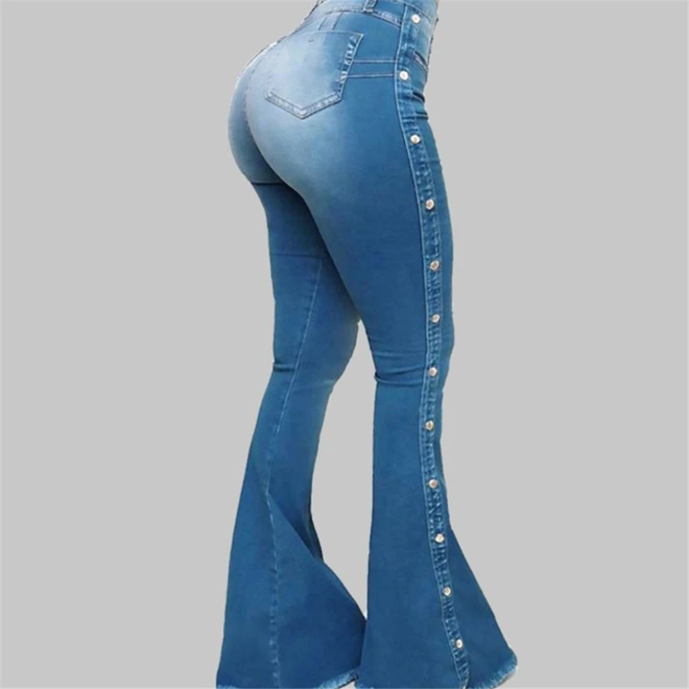 

Cotton Blue High Waist Flared Jeans Women 2021 Skinny Sexy Rivet Streetwear Lady Denim Bell-bottomed Pants Womens Jeans