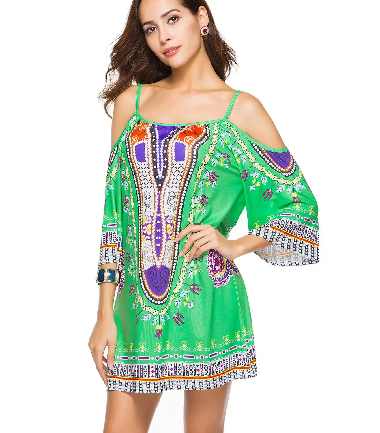 

Women Casual Dress Women's Summer Beach Chiffon Floral Printed Cold Shoulder Loose Short Dress