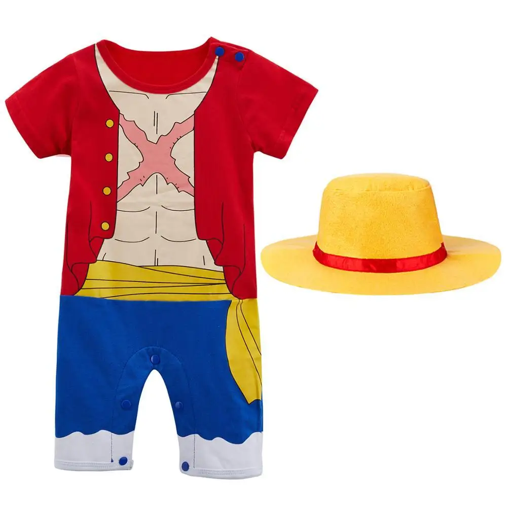 Baby Boy Romper Luffy Zoro Funny Costume Cute Toddler Playsuit Party Gift Bebe Cosplay Summer Clothes Jumpsuit  Hat