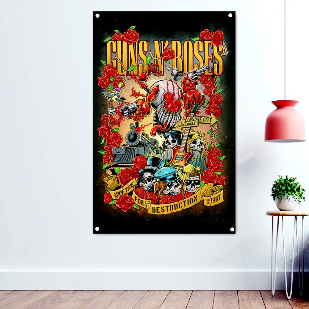 

GUNS N' ROSES Heavy Metal Band Icon Flags Tapestry Rock Music Poster Wall Chart Skull Tattoos Art Hanging Cloth Wall Decoration