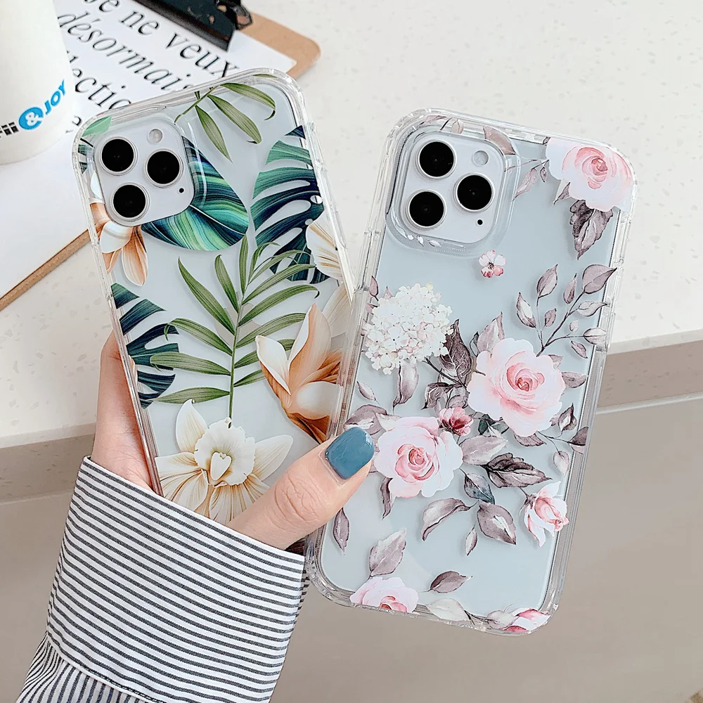 

Hybrid Heavy Duty Transparent Phone Case for iPhone 11 12 13 Pro Max XR XS Max X 7 8 Plus Shockproof Flower Leaf Soft Back Cover
