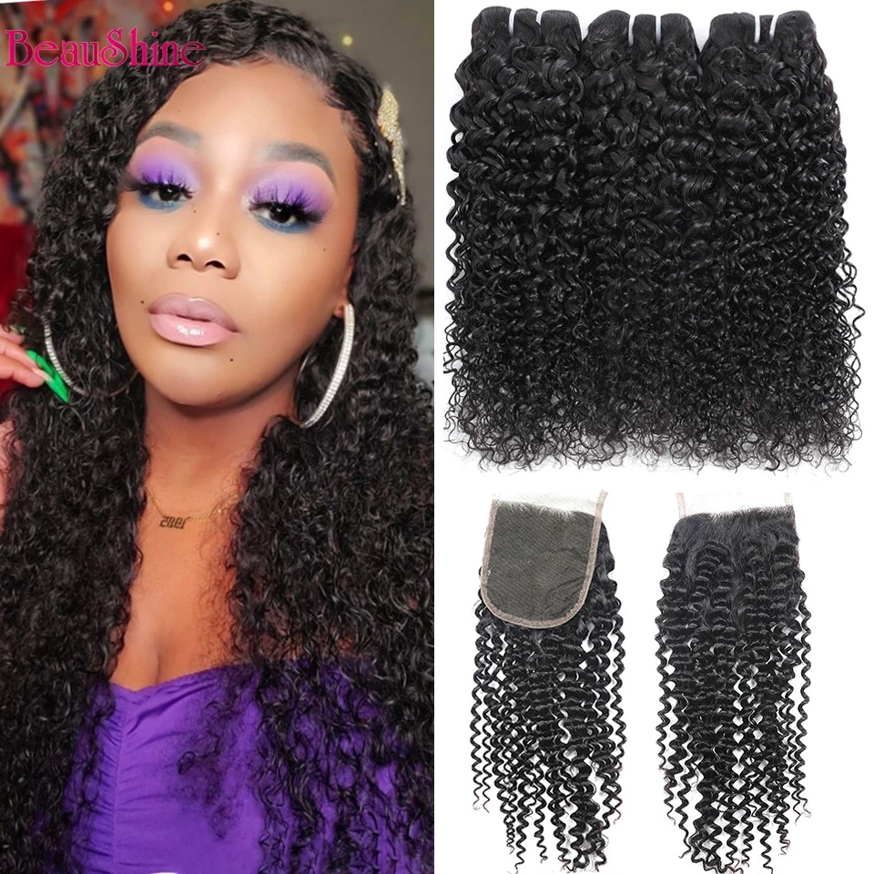 30inch Brazilian Human Hair 4x4 Bundles With Closure Kinky curly Hair bundle with closure 3 pcs Lot Non-remy hair Extension