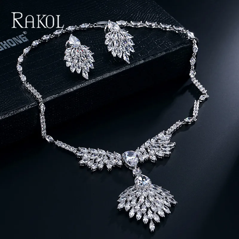 RAKOL High Quality Blue Zirconia Rhinestone Fashion Jewellery Wedding Jewelry Sets Long Crystal Drop Bridal Necklace And Earring | Украшения