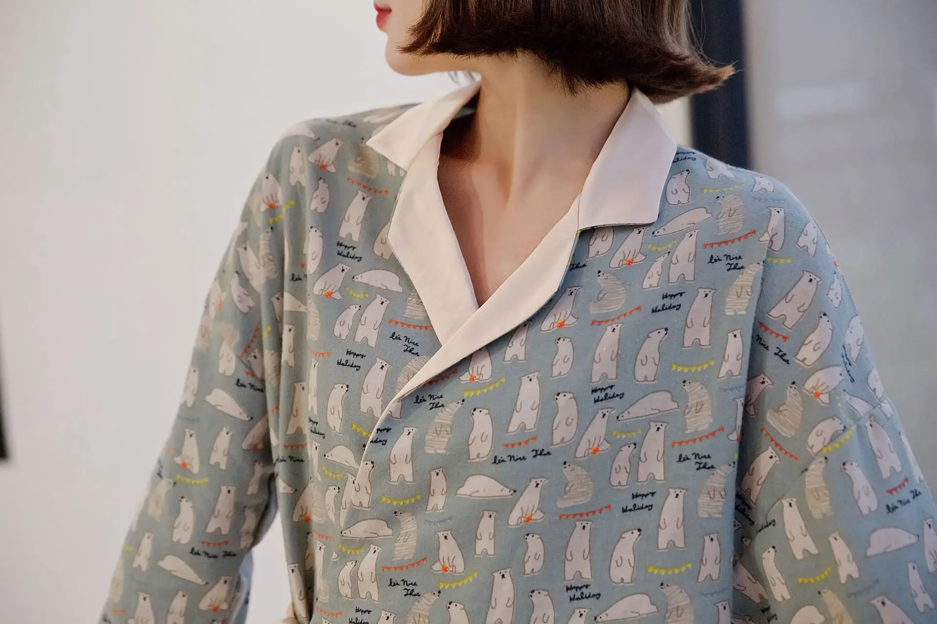 

Cute Bear Pajamas Set 2 Pieces Women Cartoon Kimono Printing Sleepwear Spring Trousers Cotton Pajamas Cute Homewear