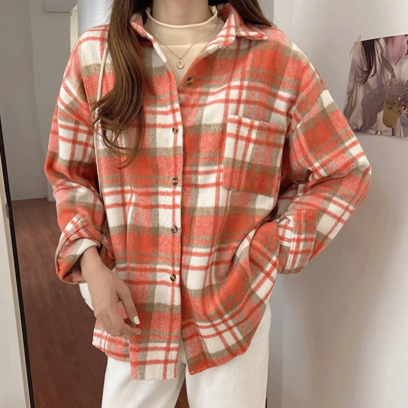 

Spring New Women Vintage Woolen Plaid Jackets Full Sleeve Turn-Down Collar Button Up Coats Autumn Casual Basic Outwear T0O907F