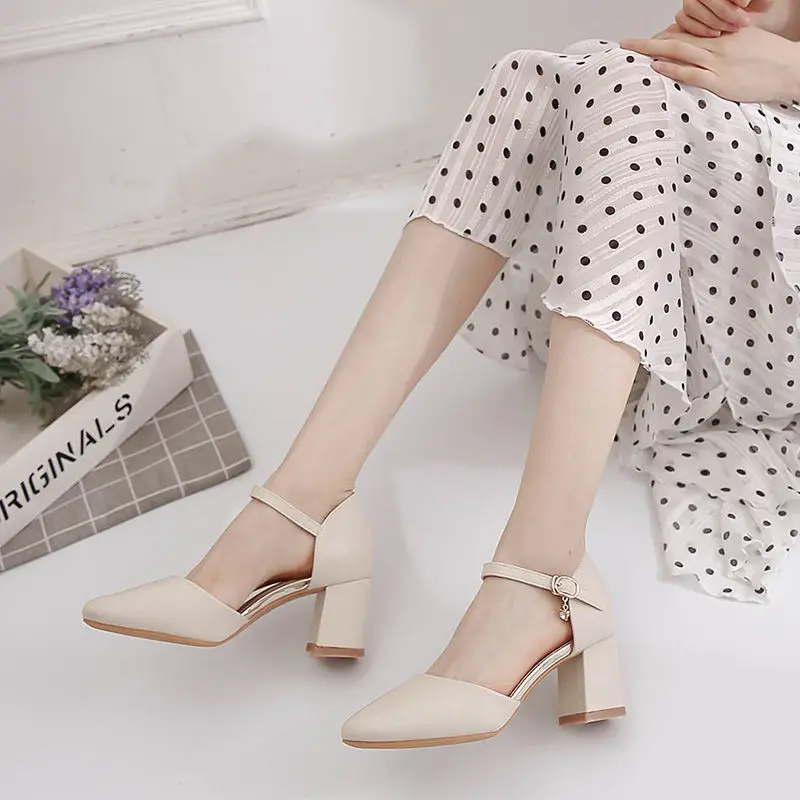 2023 Spring New Single Shoes,Block Mid Heels,Women Pumps,Ankle Strap Buckle,Pointed Toe,Footware for Office Lady Beige,Apricot
