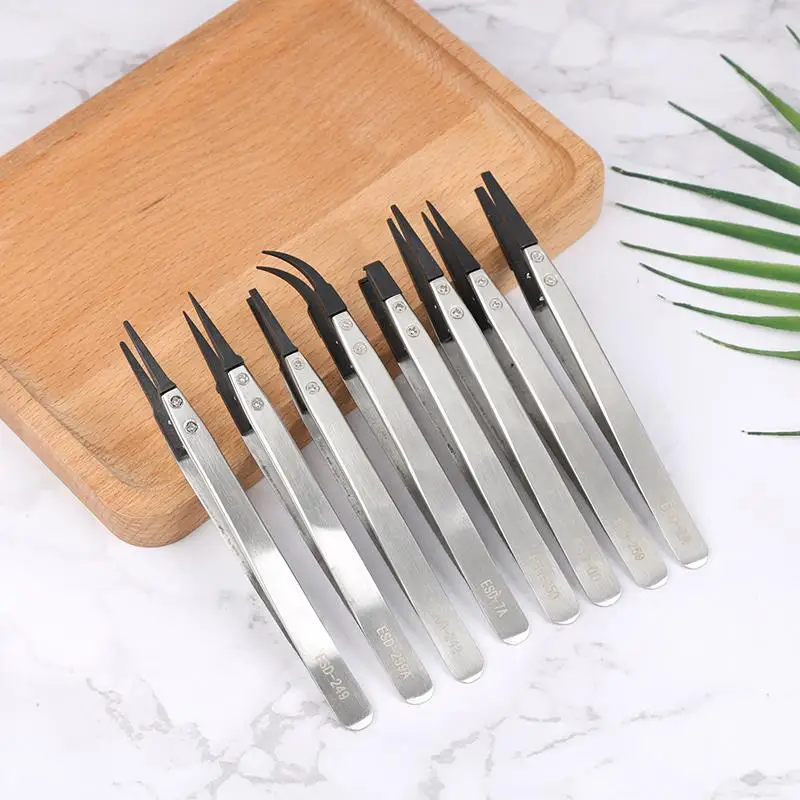 

ESD Anti-Static Tweezers With Replaceable Tips Stainless Steel Body Carbon Fiber